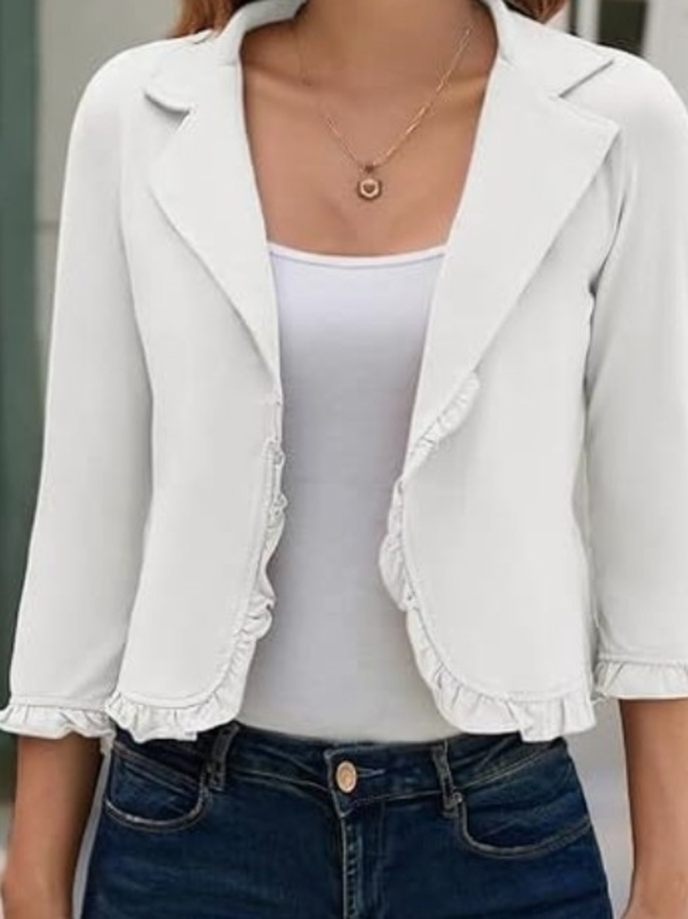 Grace Karin White Ruffle-Trim Cropped Blazer Jacket